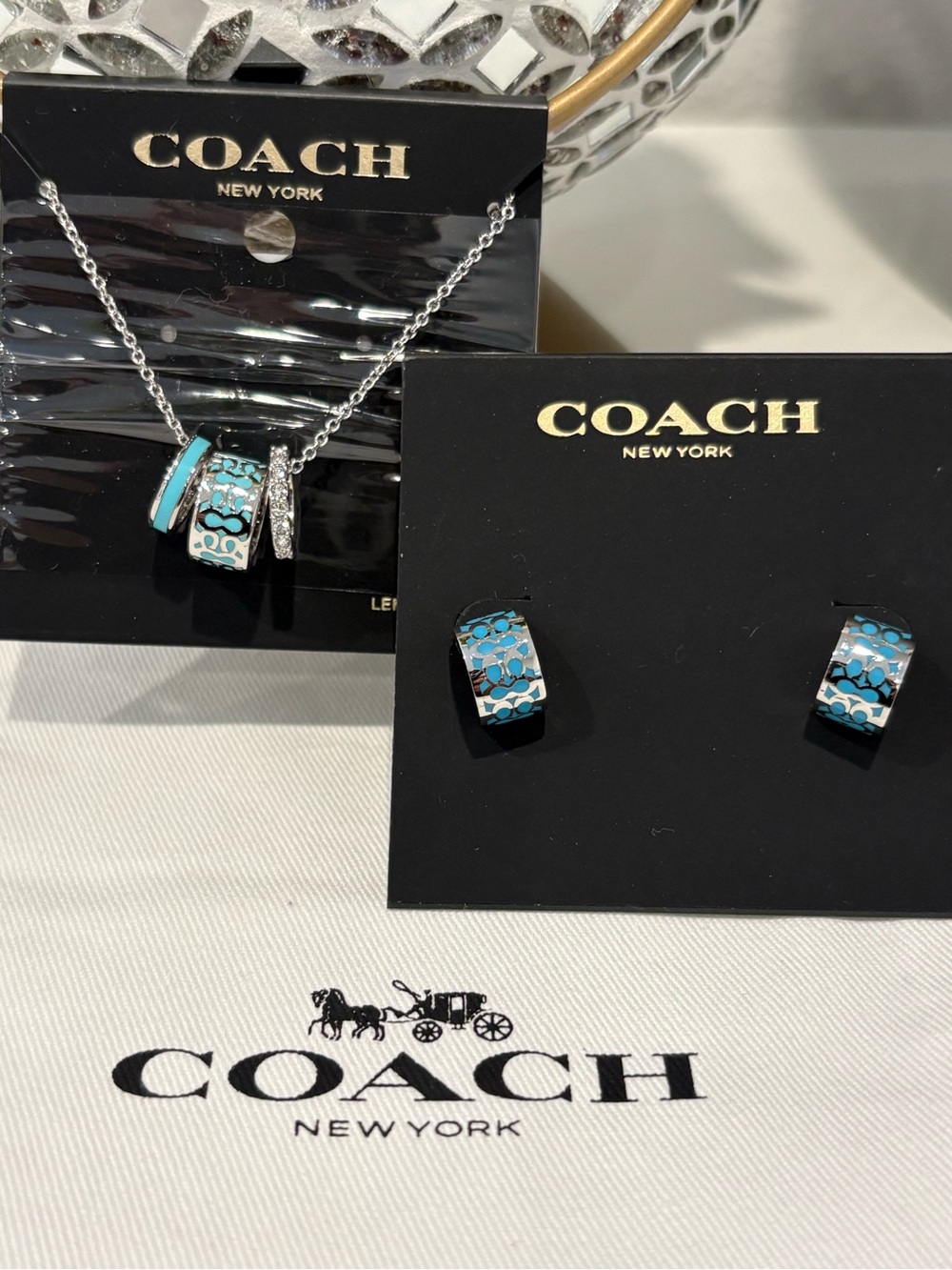 Coach Blue Enamel Pendant Necklace and Stud Earrings Set